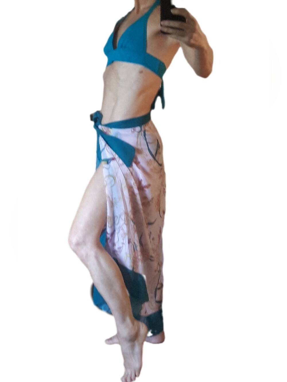 Victoria's Secret Teal Halter Bikini with Matching Pink Patterned Sarong Coverup